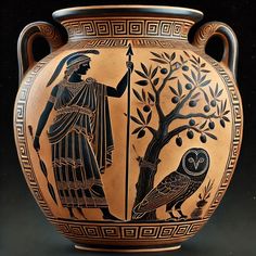 an ancient greek vase with two men and a bird on it