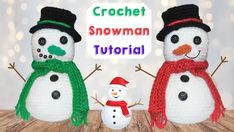 two crocheted snowmen standing next to each other