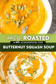 two bowls of butternut squash soup with whipped cream and pumpkin seeds in the middle