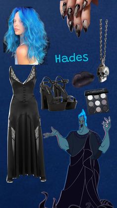 a woman with blue hair and makeup is dressed up in goth clothing, including shoes, necklaces, and accessories