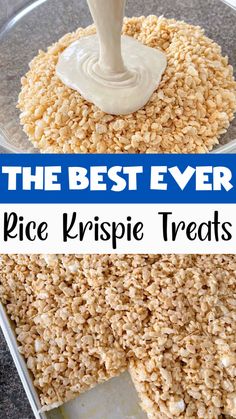 rice krispie treats in a pan with the words, the best ever rice krispy treats