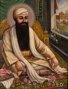 an oil painting of a man with a long beard sitting in front of a window