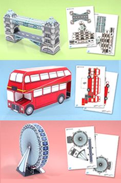 some different types of paper toys are on the same page, including a ferris wheel and a red double decker bus