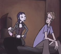 an animated image of two people sitting on a bed, one is talking to the other