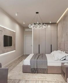 a bedroom with a large bed and white walls