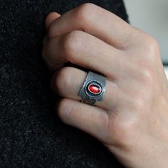 "Garnet silver ring. Dimensions: -stone 0.5 - 0.7 cm, 0.2 - 0.28\" -band width 0.9 - 1.6 cm, 0.35 - 0.63\" -size adjustable (please write me your size, I'll set it)." Modern Wide Band Ring Stamped 925 Gift, Modern Wide Band Open Band Ring As Gift, Modern Wide Band Gemstone Rings, Silver Enamel Open Ring With Gemstone, Handmade Modern Wide Band Ring, Modern Handmade Wide Band Jewelry, Modern Ruby Open Ring For Gift, Modern Ruby Open Ring As Gift, Modern Ruby Open Ring Gift