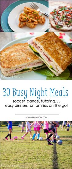 the cover of 30 busy night meals, with pictures of people running and playing in the grass