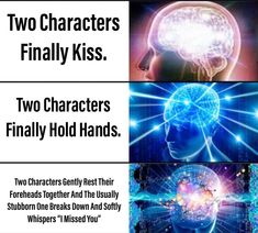 two characters have their heads together and the text reads, two characters finally kiss two characters finally hold hands