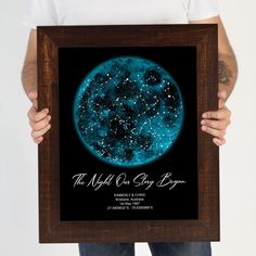 a man holding up a framed poster with the night sky in it's center