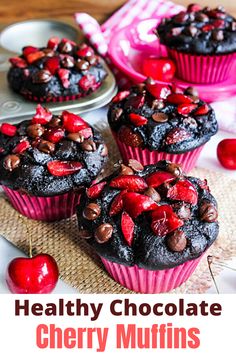 Healthy Chocolate Muffins topped with cherries and milk chocolate chips. Healthy Chocolate Muffins, Muffins With Chocolate Chips, Milk Chocolate Recipes, Dark Chocolate Recipes, Slow Cooker Recipes Dessert, Fun Cupcake Recipes, Cocoa Recipes, Quick Easy Desserts