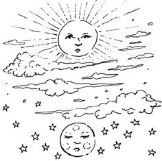 the sun and moon are in the sky with clouds, stars and clouds around them