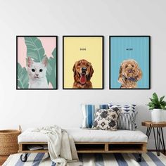 three pictures of dogs and cats hanging on the wall