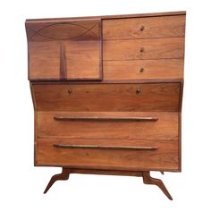 a wooden dresser sitting on top of a white background