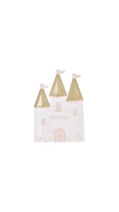 a pink and gold castle with two birds on it's roof, sitting in front of a white background