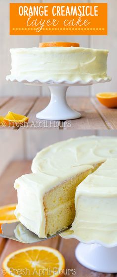 orange creamsice layer cake on a white cake stand with one slice cut out