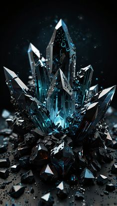 some very pretty blue crystals on a black surface