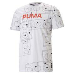 The punchy PUMA print emblazoned across this tee ensures maximum stand-out, both on the court and on the fly. Bold branding gives it an unmistakably PUMA personality, while the 100% cotton construction and easy, breezy fit add a quality feel. $14.95 White T-shirt With Front Print For Sports Events, White Graphic Print T-shirt For Sports, Sporty White T-shirt With All Over Print, Cotton T-shirt With All Over Print For Sports Events, White Sports Tops With Front Print, White Sports Top With Front Print, Sports Cotton T-shirt With All Over Print, Cotton Sports T-shirt With All Over Print, Bold Branding