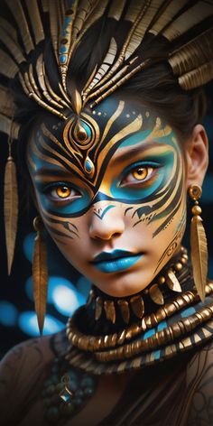 a woman with blue and gold face paint