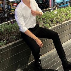 Guys In White Shirts Aesthetic, Black Formal Shirt For Men, Man In White Shirt Aesthetic, Formal Men Aesthetic, White Shirt Men Aesthetic, White Shirt And Black Pants Outfit, Aesthetic Formal Outfits Male, Black Pants Outfit Men, Men Aesthetic Outfits