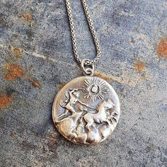 "This silver unisex necklace features the Antique Coin Replica pendant and a sterling silver chain. \"Primus inter pares\" - First among equals. Let this pendant be a perfect amulet for achieving your goals! The pendant is handmade by me from recycled, pure silver, which has a higher silver content 99.9% versus sterling which has 92.5% silver. To accentuate an antique look I added a patina to the pendant. It is stamped on the reverse side with my maker mark and .999, guaranteeing you that this i Symbolic Sterling Silver Engraved Charm Necklaces, Sterling Silver Medallion Necklace With Box Chain, Symbolic Sterling Silver Charm Necklace With Coin Pendant, Seal Jewelry, Wax Seal Jewelry, Antique Wax, Antique Coins, Mens Silver Necklace, Necklace Antique