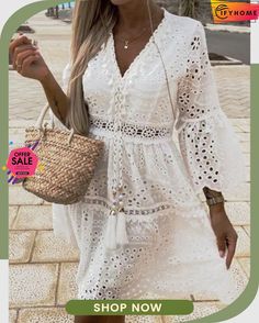 Plain Tassel V Neck Vacation Lace Hollow Out Dress Elegant V-neck Dress With Tassels, V-neck Vacation Dress With Tassel Ties, Elegant V-neck Mini Dress With Tassels, V-neck Dress With Back Tassel Tie-up For Summer, White V-neck Dress With Fringe, White Fringe V-neck Dress, Summer Boho V-neck Dress With Tassel Ties, Summer Boho Dress With V-neck And Tassel Ties, Summer V-neck Dress With Fringe