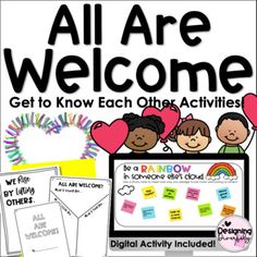 an all are welcome sign with hearts and rainbows in the background for kids to use