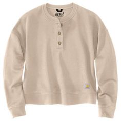 Soft yet durable, this Carhartt Women's Loose Fit Midweight French Terry Henley Sweatshirt is made from a heavyweight cotton-blend fabric that feels great on the job and on the weekend. A loose fit gives you plenty of extra room to move and layer. This sweatshirt also features the signature Carhartt label for style. Loose fit 10 oz., 75% cotton, 25% TENCEL Lyocell sweatshirt Rib-knit collar with button henley placket Rib-knit waistband and sleeve cuffs Center back length: 22 in. Imported Follow Henley Sweatshirt, Carhartt Womens, 2024 Christmas, Tractor Supply, Extra Room, Knit Collar, Christmas List, French Terry, The Weekend