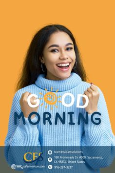 a woman smiling with the words good morning in front of her and an orange background