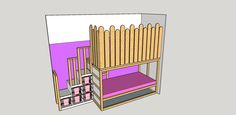 a wooden bunk bed sitting next to a pink wall