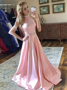 A Line Halter Neck Backless Beading Satin Long Pink Prom Dresses, Back – Shiny Party Pink Satin Prom Dress, Matric Dance, School Dance Dresses, Prom Dresses Long Pink, Pink Evening Dress, Pink Prom Dress, Pink Formal Dresses, Event Dress, School Event