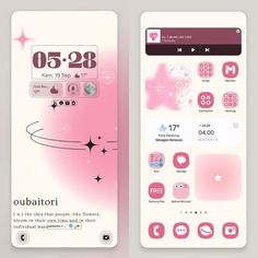 two mobile phone screens with pink and white designs on the front, side and back