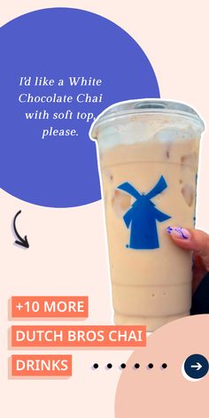 a person holding up a drink in front of a speech bubble that says, i like a white chocolate chai with soft top please