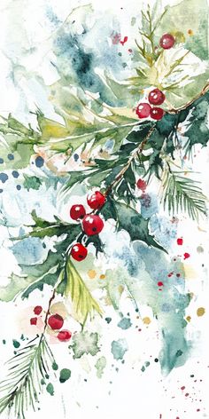 watercolor painting of holly branches and berries