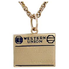 Unique anniversary charm, in the form of a Western Union telegram. 14K gold with blue enameling. The telegram is engraved "6th Wedding Anniversary." 1/3" x 1/2." A perfect way to mark the special day. Alice Kwartler has sold the finest antique gold and diamond jewelry and silver for over forty years.