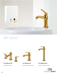 an advertisement for a bathroom faucet with gold fixtures