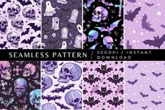 a set of halloween seamless patterns with skulls, bats and stars on purple background