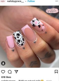 Pink Black And White Cow Print Nails, Pink Cow Print Gel Nails, Nail Designs Cow Print Pink, Black French Tip Nails With Cow Print, White And Cow Print Nails, Rodeo Nails Westerns Pink, Cow Print Nail Designs Acrylic, Simple Cow Nail Designs, Brown And Pink Cow Print Nails