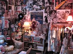 a room filled with lots of stuff animals and posters on the wall above it is a chair