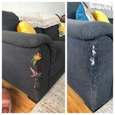 two pictures of the same couch with embroidered flowers on it, and one has a yellow pillow