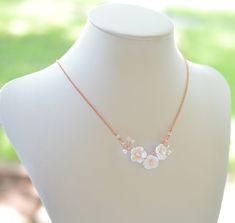 "2018 New Vine Necklace , featuring hand sculpted Cherry Blossom in Rose gold plated chain. Details: - Hand sculpted Cherry Blossom made from polymer clay. - Hand wired Swarovski pearls and glass crystals - Metal Finish : Rose gold ( pictured), gold , silver and antiqued brass available. - Length : 16 + 2\" extender. - Made to order in 5 business days. If you need earlier shipping date please drop a note. Rush order please convo me for availability. Note : precious chain and wire available in St Rose Gold Jewelry With 3d Flowers For Gift, Delicate Rose Gold Jewelry With 3d Flowers, Rose Gold Pictures, Vine Necklace, White Cherry Blossom, Clay Hand, White Cherries, Necklace Bridal, Swarovski Pearls