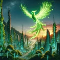 a painting of a green bird flying over a city with tall buildings in the background