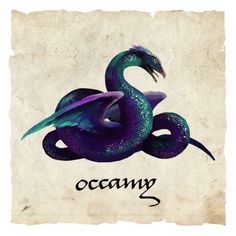 a blue dragon sitting on top of a piece of paper with the word ocean written below it