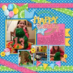 a scrapbook page with pictures of children's birthday items and balloons in the background