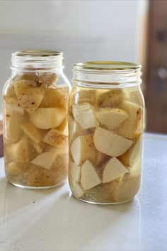 Chopped potatoes in jars of water that have been pressure canned. Pressure Canning Potatoes Raw Pack, Canning Sweet Potatoes Raw Pack, Raw Pack Canning Potatoes, Dry Canning Potatoes Water Bath