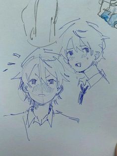 two anime characters are drawn in blue ink