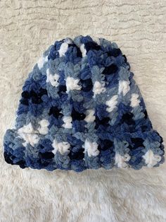 Super thick, soft, and plush blanket beanie in shades of blue and white Blue Warm Beanie One Size, Blue Crochet Beanie For Cold Weather, Warm Blue Beanie One Size, Blue Winter Beanie, Blue Cozy Hat, Warm Blue Beanie Hat, Cozy Blue Beanie, One Size Fits Most, Cozy Blue Beanie One Size, Cozy Blue Beanie One Size Fits Most