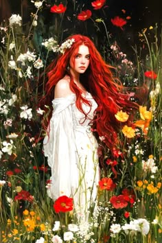 a painting of a woman with long red hair in a field of flowers