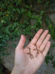 a person's hand holding five tiny branches in front of some green leaves and bushes