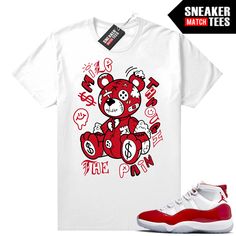 "Cherry 11's Jordan matching shirt by Sneaker Match Tees brand. Official Sneaker Match Tees shirt designed to match the Jordan 11 \"Cherry\" retro sneakers. *Sneakers are for matching purposes only, NOT included in the sale* True to size Men's shirt 100% Soft Cotton Regular Fit" Sporty Sneakers With Graphic Print For Summer, Sporty Graphic Print Sneakers For Summer, Sporty Graphic Print Summer Sneakers, White Letter Print Sneakers For Streetwear, White Cotton Sneakers With Graphic Print, Red Graphic Print Sneakers For Streetwear, Sporty Cotton Sneakers With Graphic Print, Cherry 11, Jordan 11 Cherry