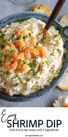 shrimp dip in a bowl with crackers on the side and text overlay that reads easy shrimp dip